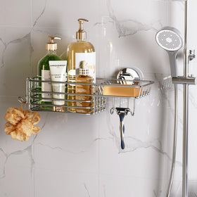 LEVERLOC shower caddy suction base on glass holds essentials securely.