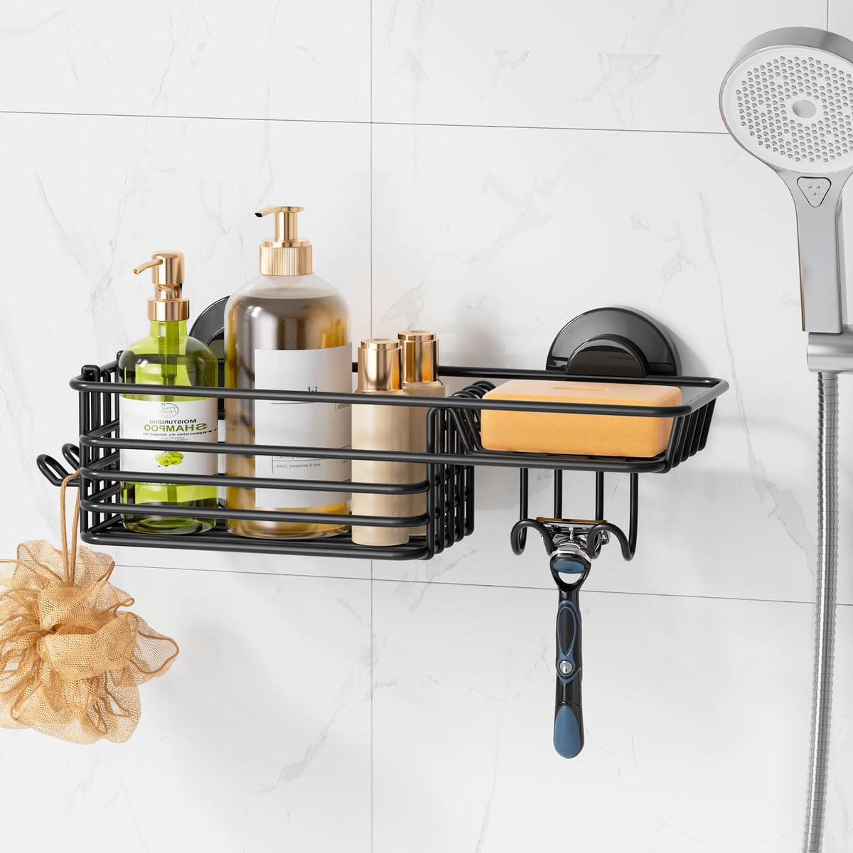 LEVERLOC Shower Caddy suction cup on glass for quick, tool-free installation.