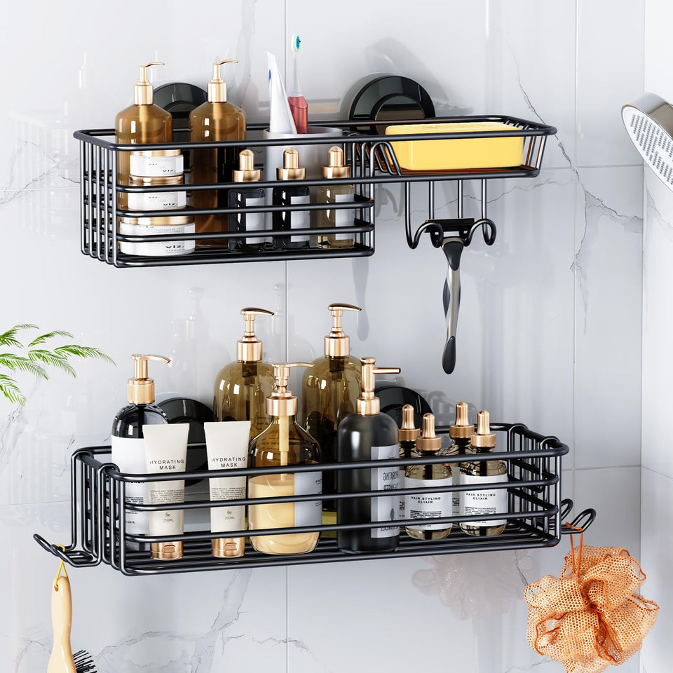 LEVERLOC shower caddy with suction cup on glass for secure mounting.