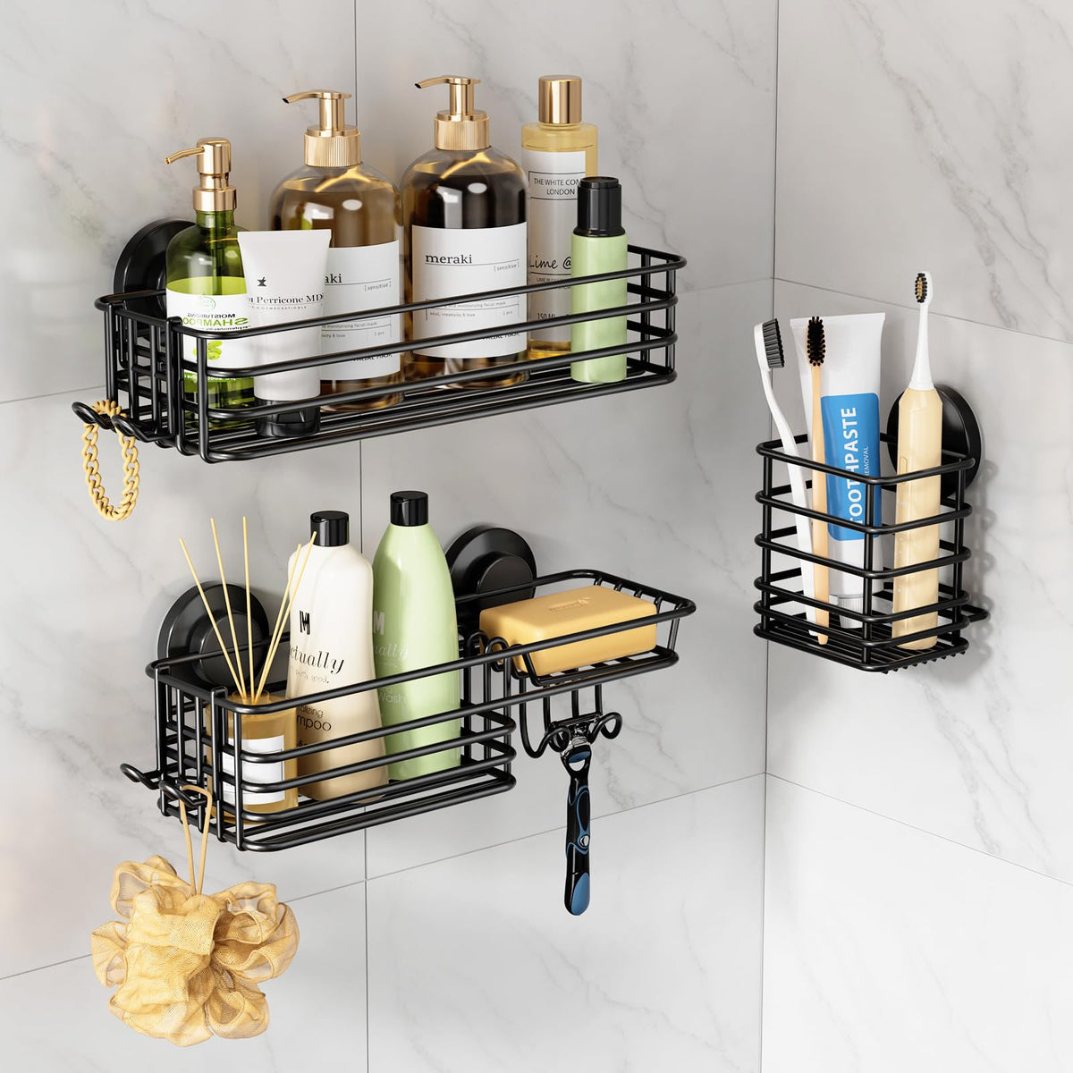 LEVERLOC shower caddy with suction cup for secure bathroom storage.