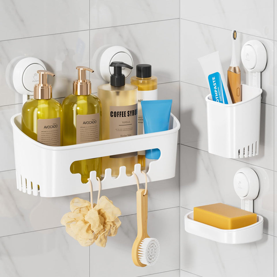 Leverloc shower caddy with suction cup on tile keeps shampoo and soap neatly organized.