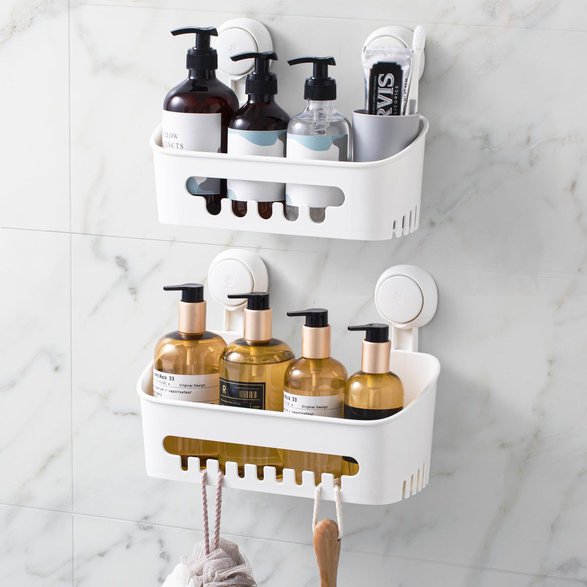 LEVERLOC shower caddy suction cup on smooth tile providing strong hold for bathroom storage