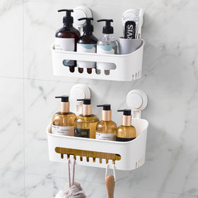 LEVERLOC shower caddy with suction cup on tile for secure, hands-free storage.