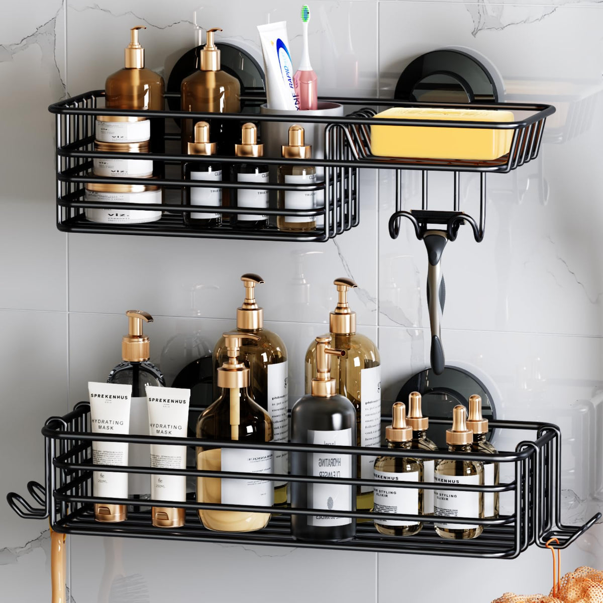 LEVERLOC shower caddy with suction cup on smooth tile surface for secure storage.