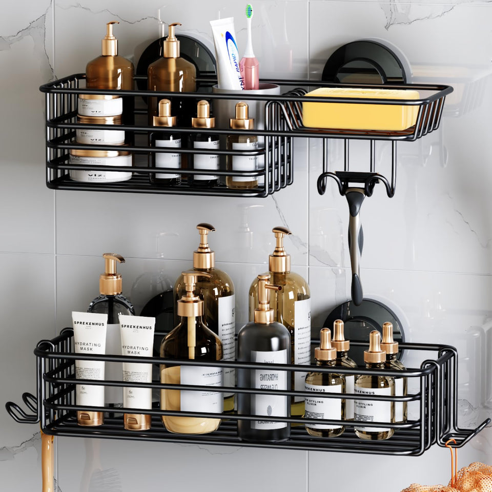 LEVERLOC shower caddy with suction cup on smooth tile surface for secure storage.