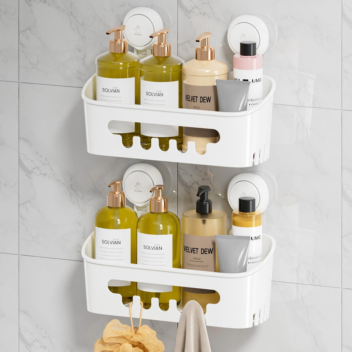 LEVERLOC shower caddy suction cup on a tile wall provides strong hold for shampoos.