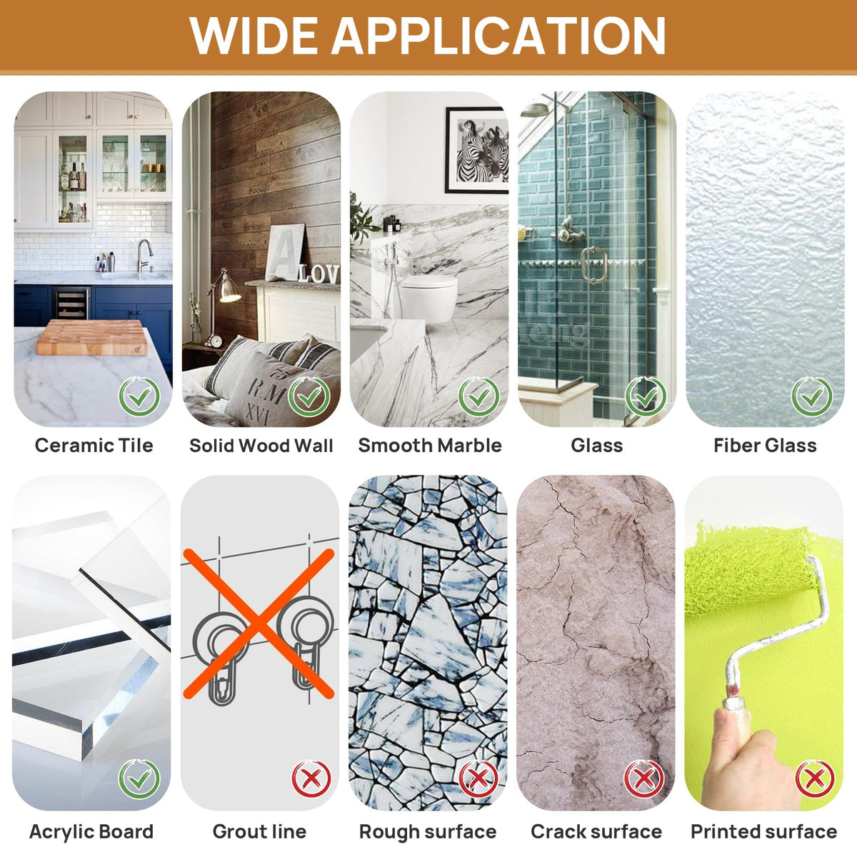 Compatible with tile, glass, metal, and acrylic surfaces.