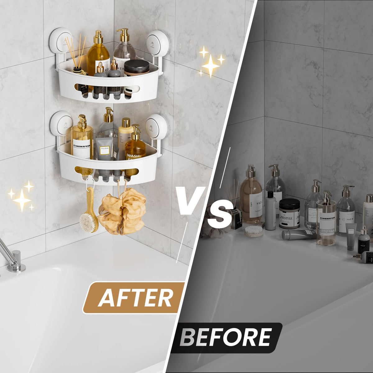 LEVERLOC shower shelf stores shampoo, gel, and conditioner neatly.