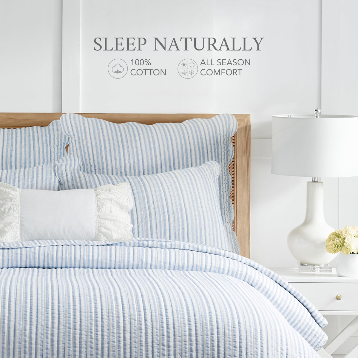 Quilt on king bed demonstrates full coverage and easy layering.