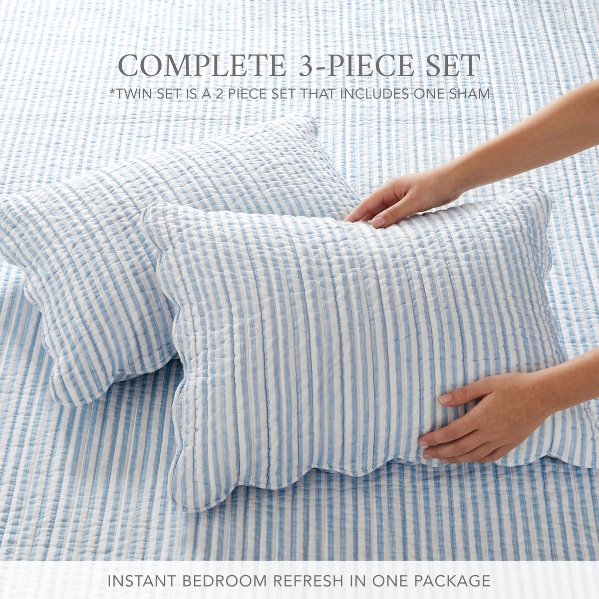 Close-up shows cotton texture and quality stitching on Martha Stripe quilt.