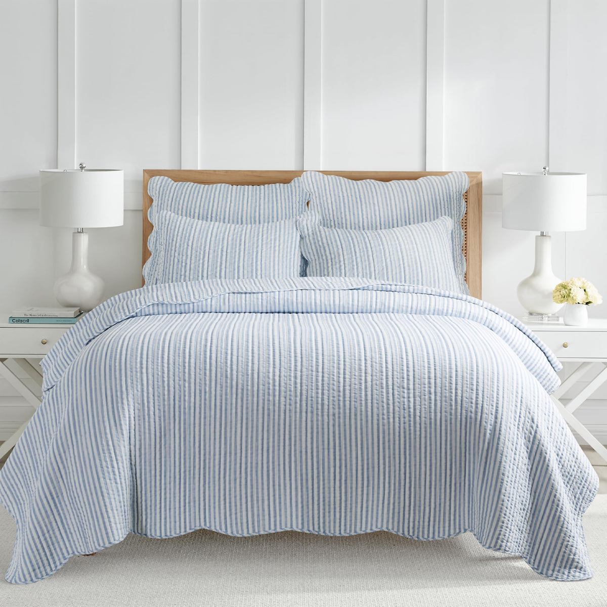 Levtex Home Martha Stripe King quilt cover on bed with blue and white farmhouse style.