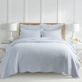Levtex Home Martha Stripe King quilt cover on bed with blue and white farmhouse style.