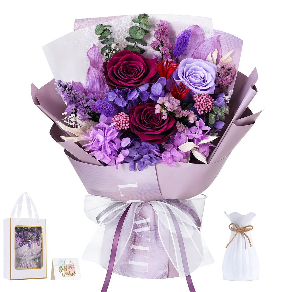 Lewondr preserved purple roses bouquet close-up showing vibrant color and long-lasting beauty.