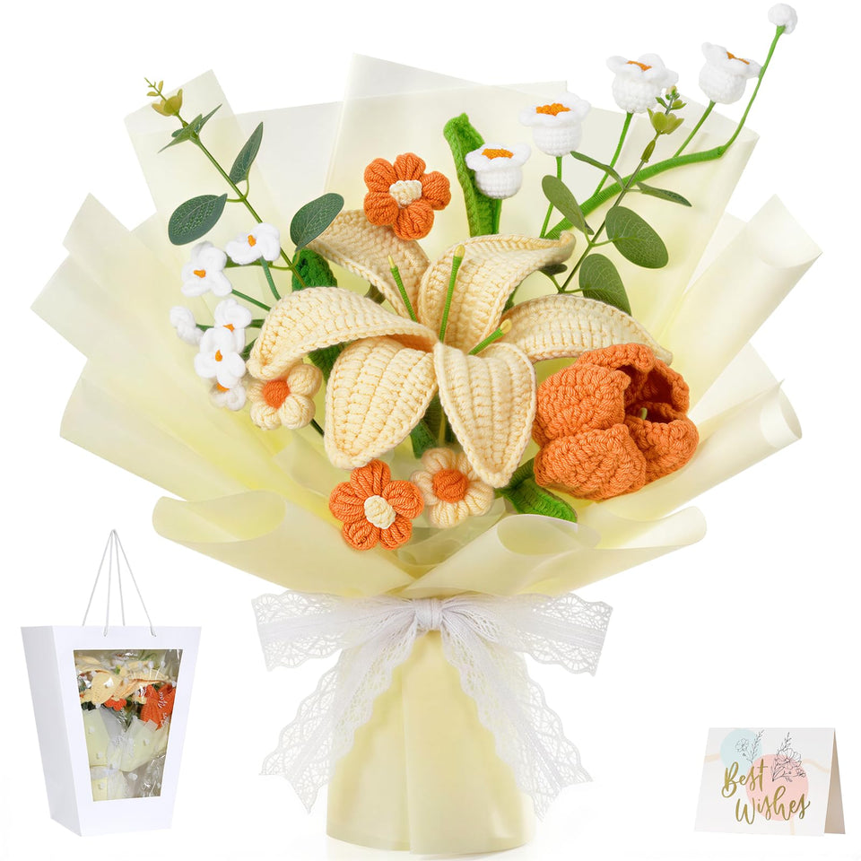 Lewondr crochet bouquet large lily in yellow tones for warm home decor