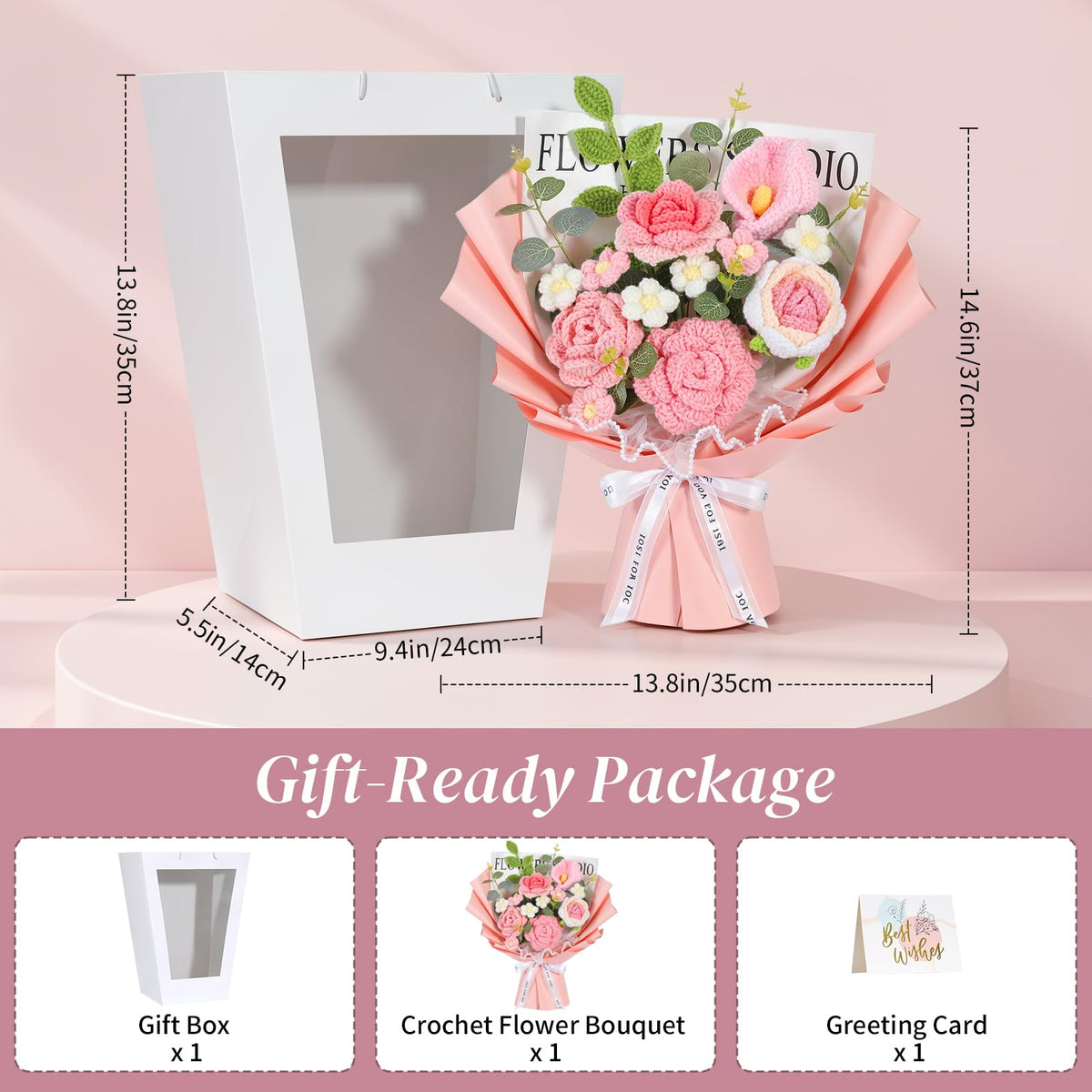 Lewondr crochet rose with pointed petals pink for romantic decor
