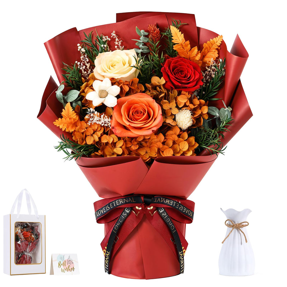 Lewondr orange roses bouquet with preserved flowers for lasting beauty