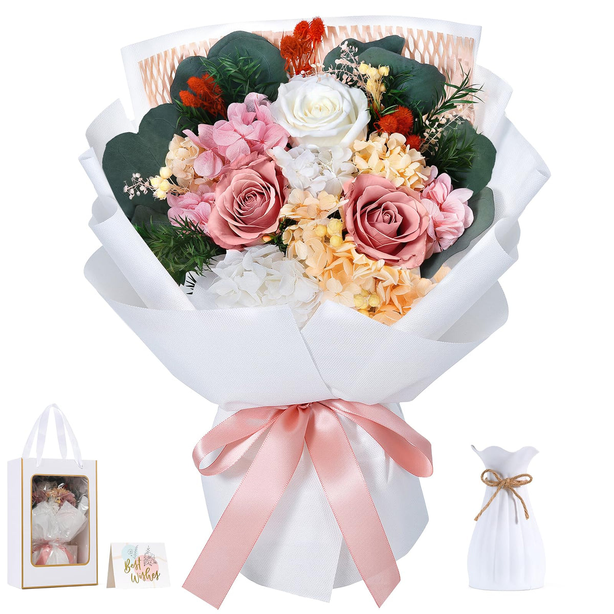 Lewondr preserved flowers bouquet in pink roses for lasting home décor and heartfelt gifting.