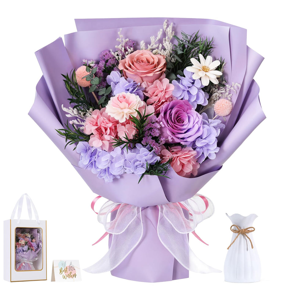 Lewondr preserved flowers bouquet with vibrant colors lasting for years, ideal dresser decor.