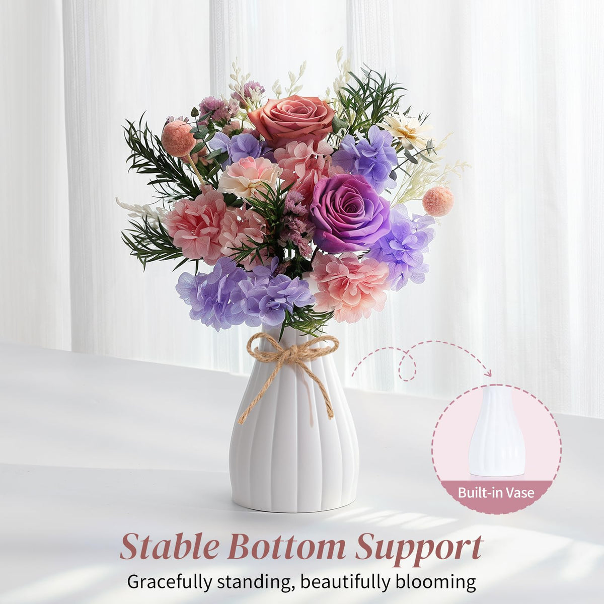 Lewondr purple rose bouquet featuring two plump preserved roses for a lasting romantic gift.
