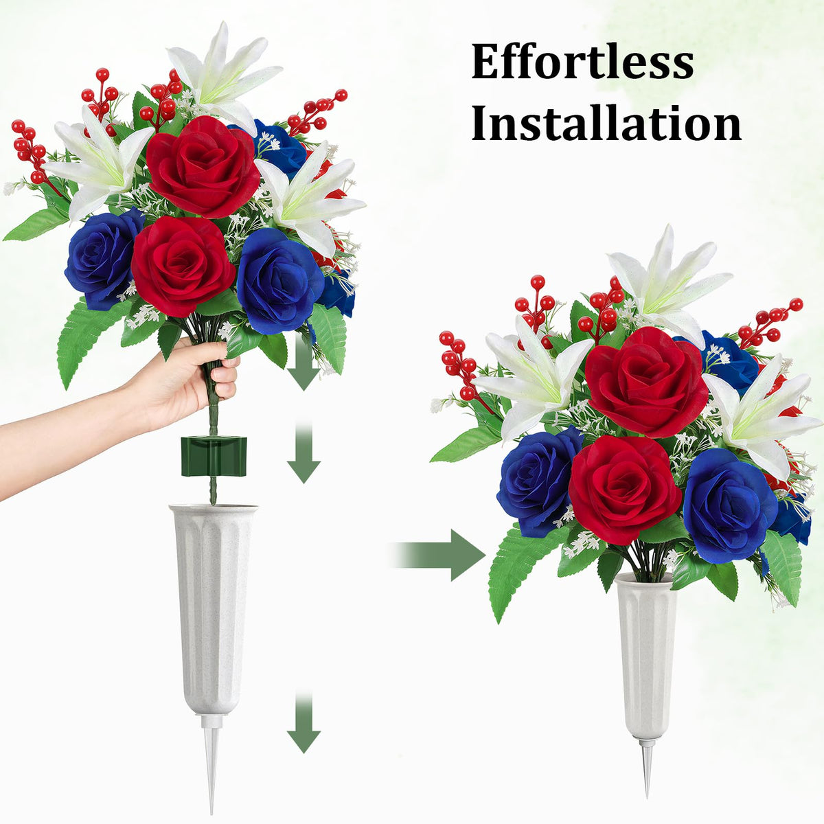 Lewondr two-bouquet setup creates balanced outdoor memorial arrangements.