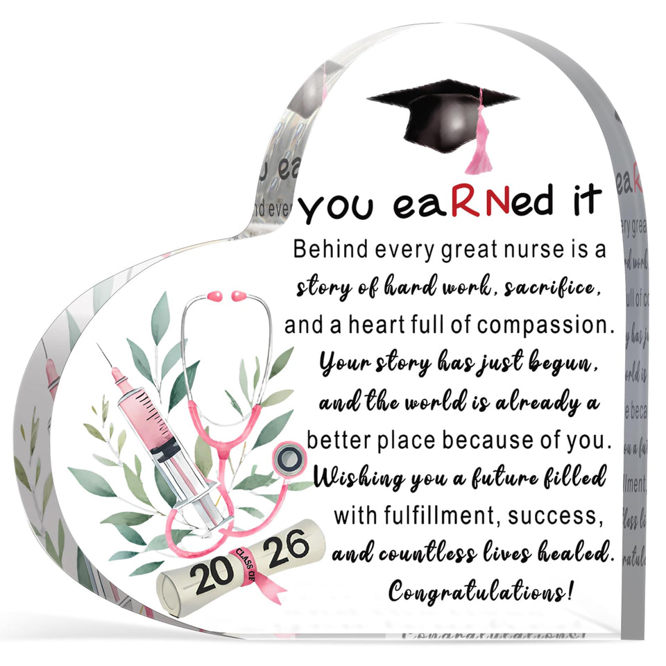 Lewtemi RN graduation heart plaque sits on a desk to inspire future nursing goals