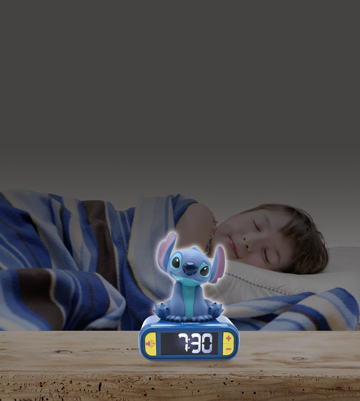 LEXiBOOK Stitch nightlight with dimmable LCD keeps nights restful.