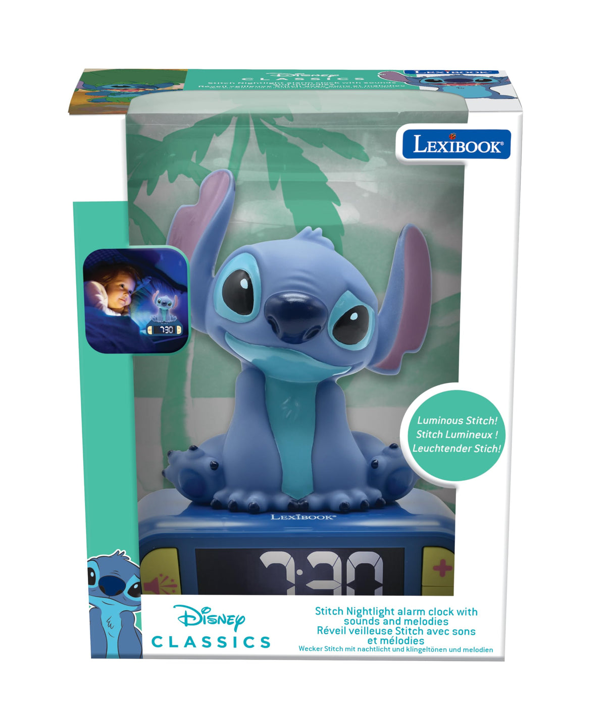 LEXiBOOK Stitch snooze feature lets kids catch extra winks.