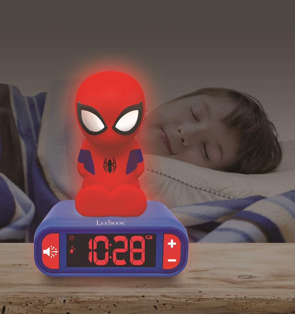 LEXiBOOK Spider-Man clock includes low battery indicator for worry-free setup.
