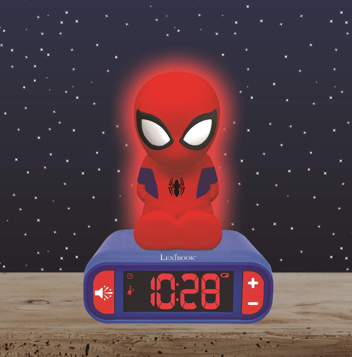 LEXiBOOK Spider-Man clock side profile shows compact bedside size for kids.