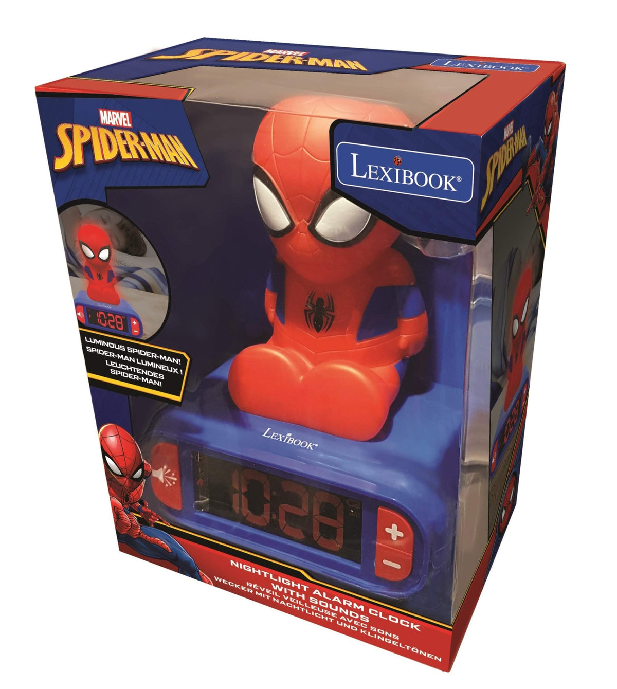 LEXiBOOK Spider-Man alarm clock features easy snooze and top-press stop for convenience.