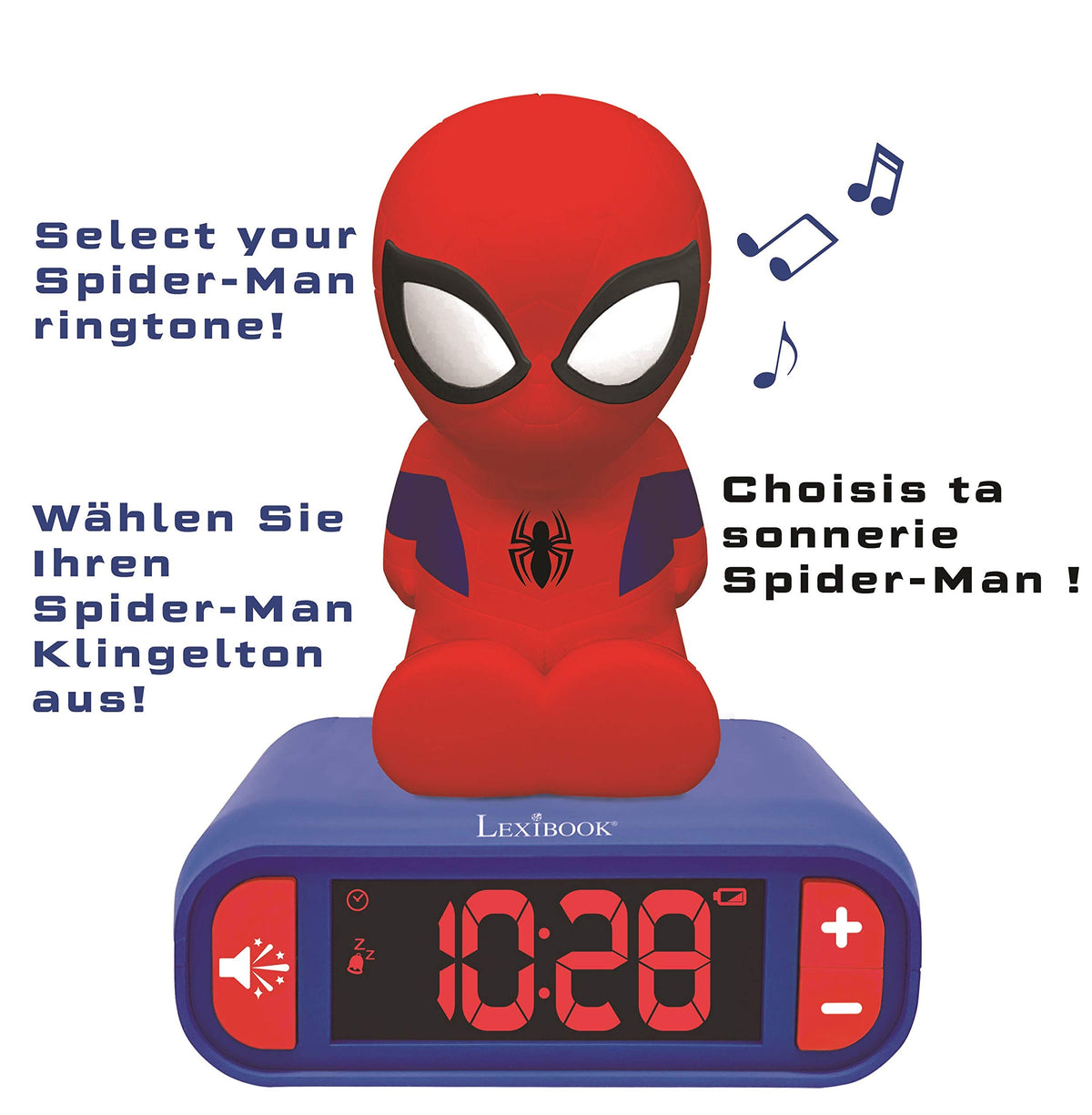 LEXiBOOK Spider-Man clock buttons activate Marvel sound effects for fun wake-ups.