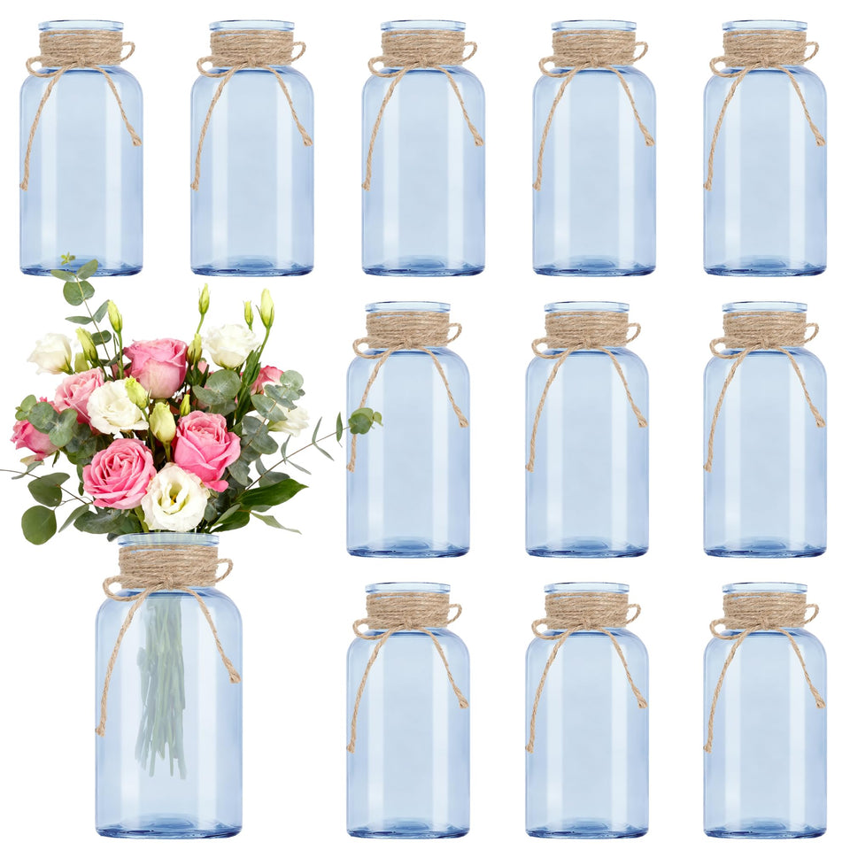 LEYIQU vintage glass flower vase 12-pack, blue, ideal for wedding centerpieces.