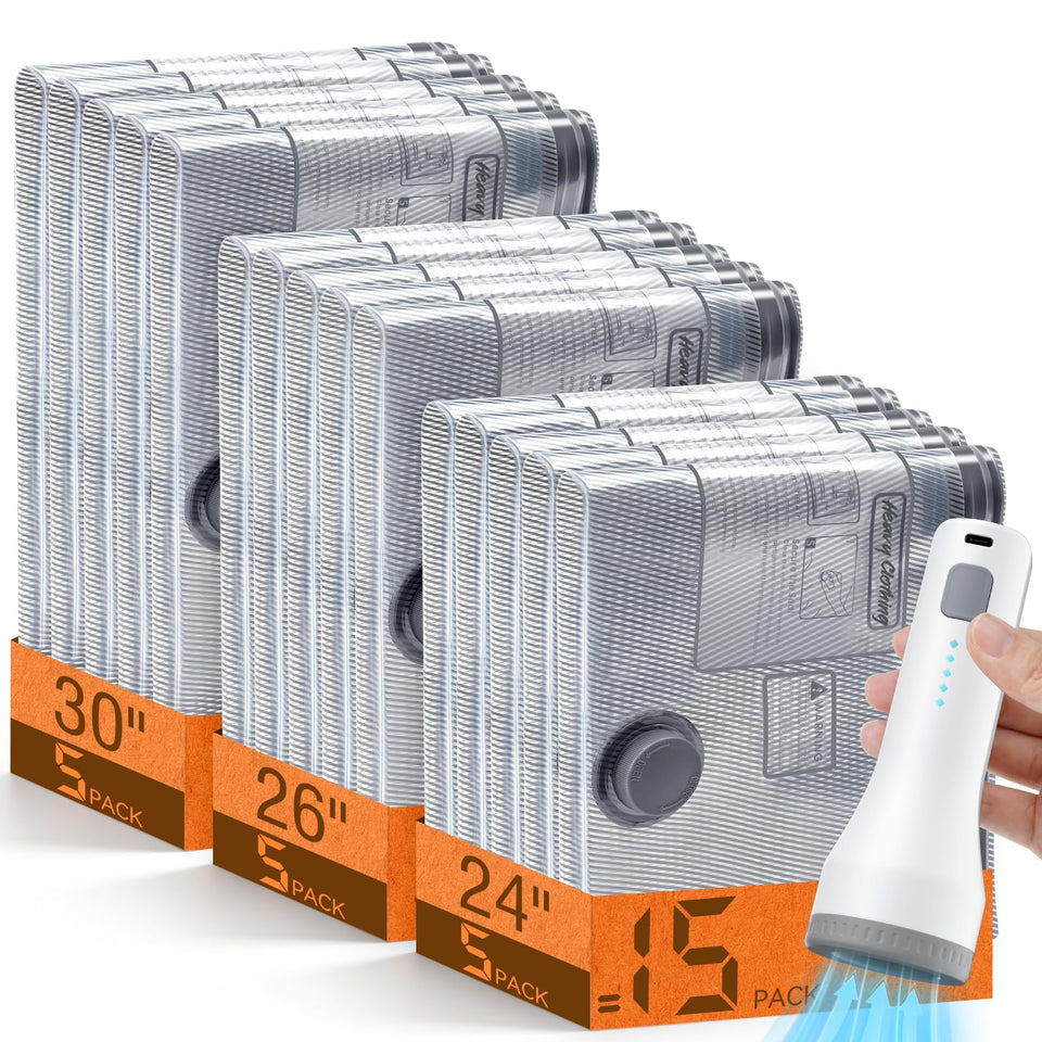 lezecur 15-pack vacuum bags with cordless pump shown for travel and home use