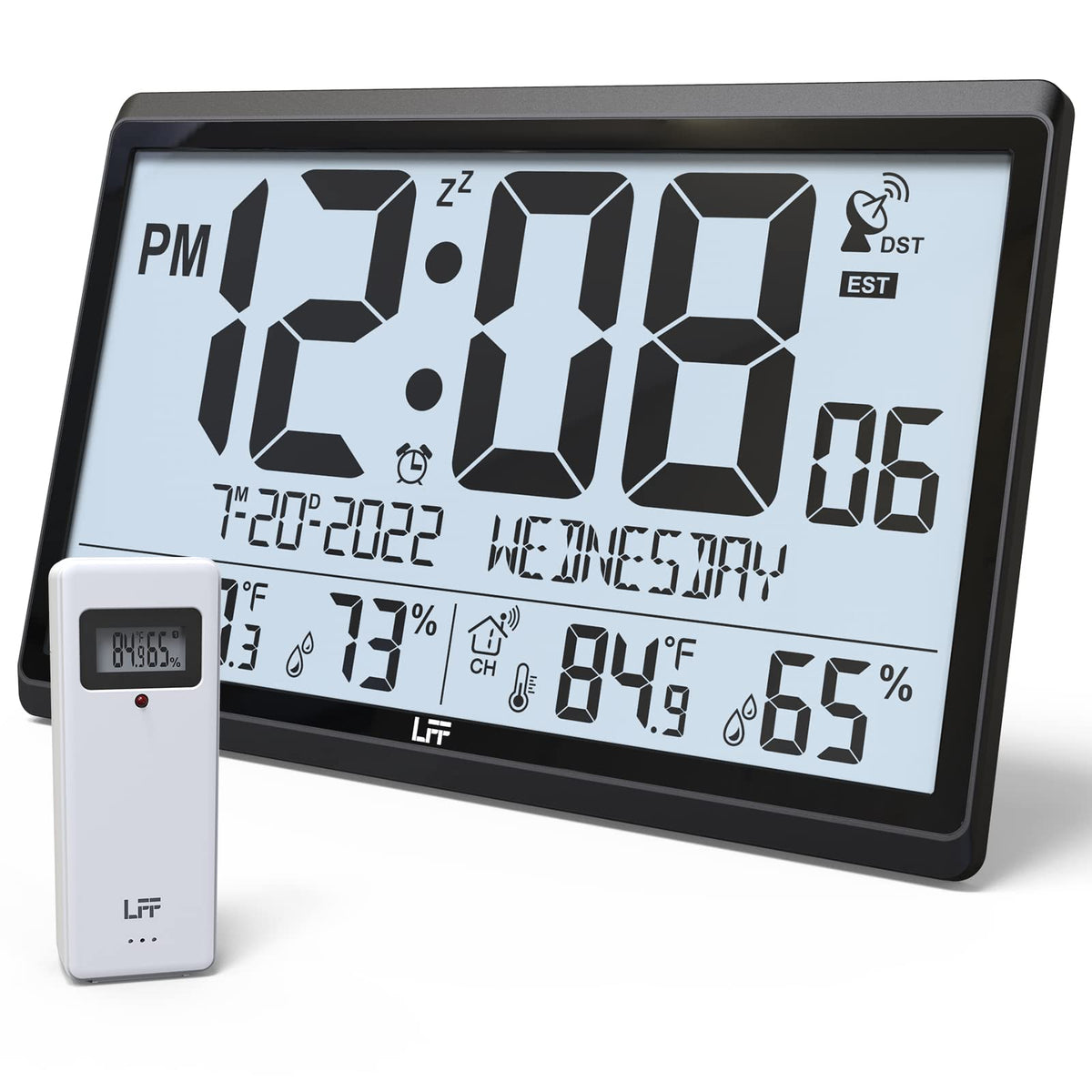 LFF Atomic Clock showing indoor-outdoor temperature and humidity in a tidy living space.