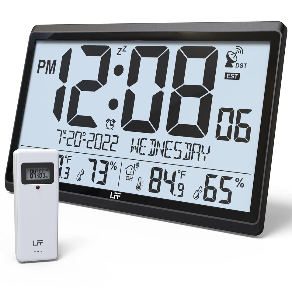 LFF Atomic Clock showing indoor-outdoor temperature and humidity in a tidy living space.