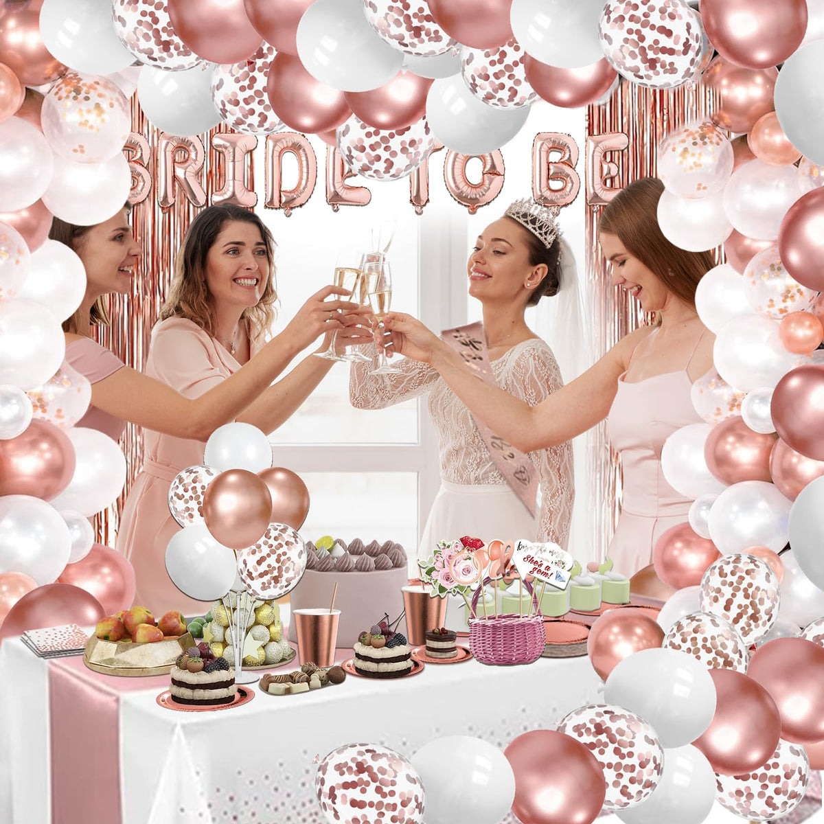 LFSTGN rose gold fringe curtains shimmer at party entrances.