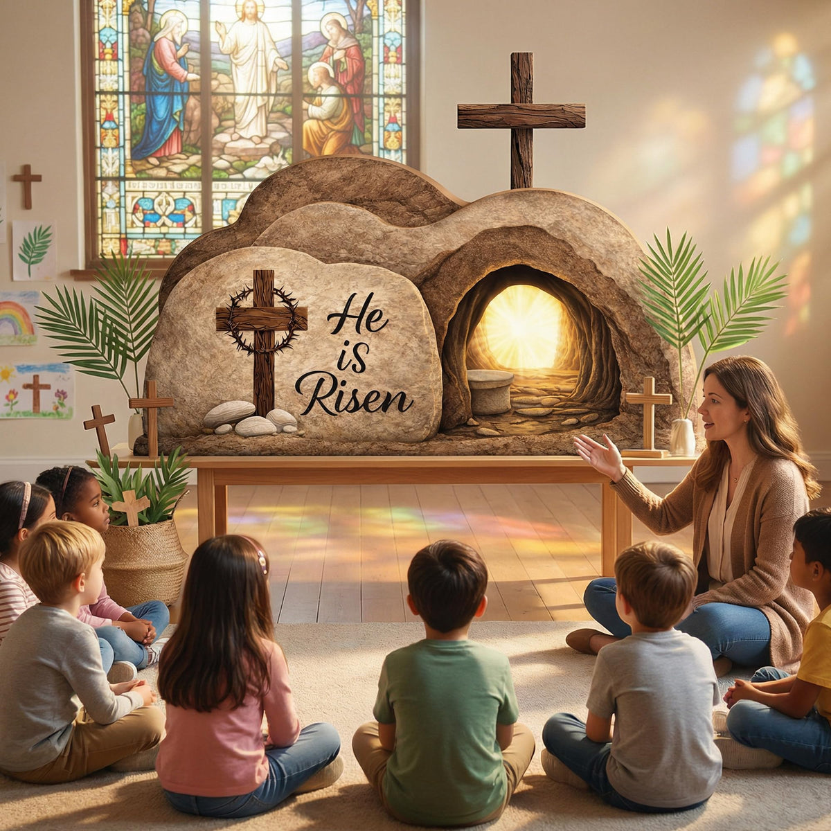 LFUTARI church-stage background tomb creates reverent Easter visuals.