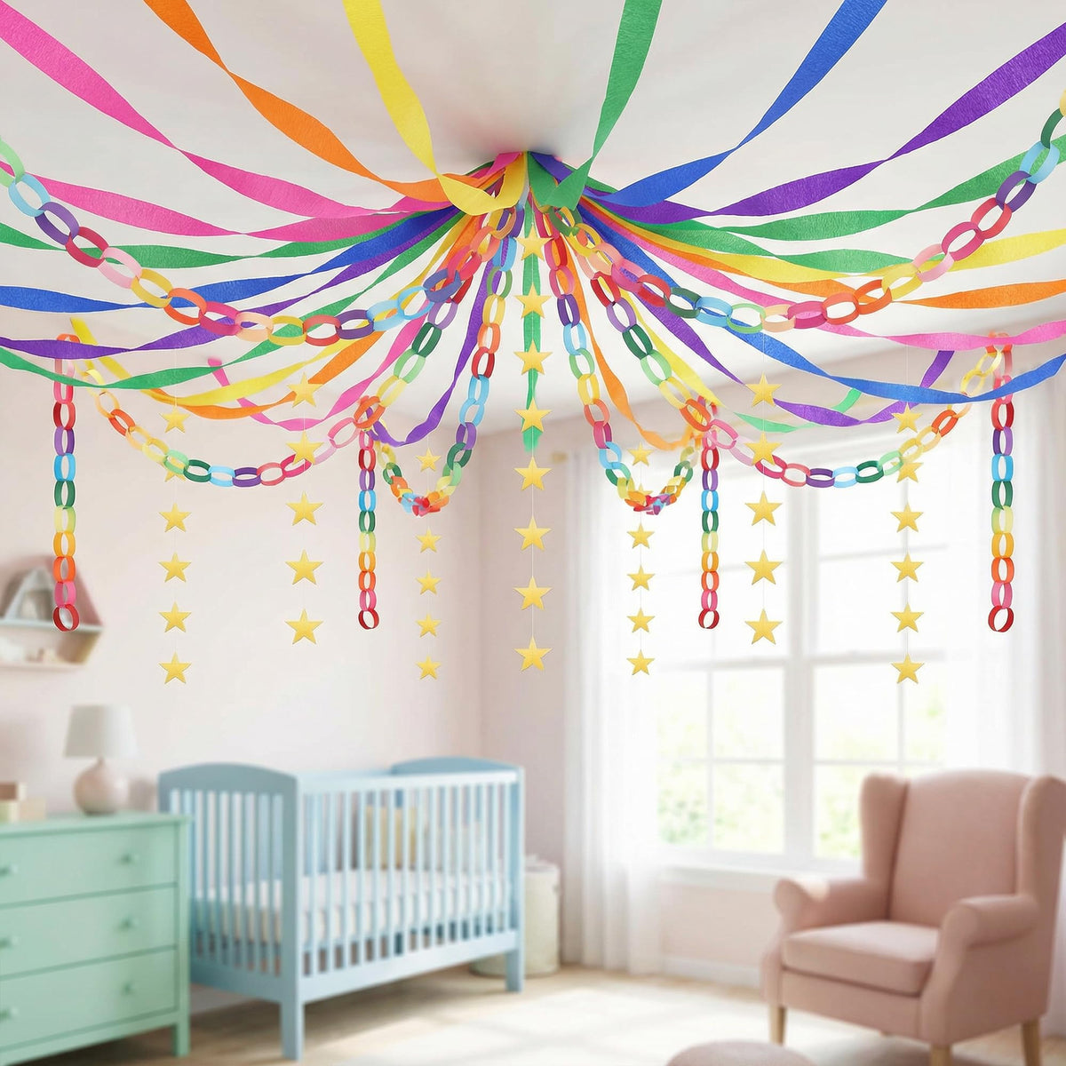 LFUTARI Pride Month decor setup with rainbow chains and star garlands