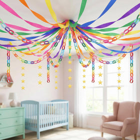 LFUTARI Pride Month decor setup with rainbow chains and star garlands