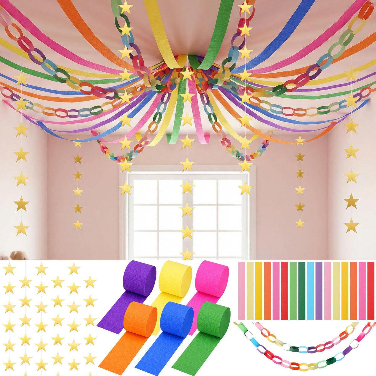 LFUTARI rainbow paper chain strips brighten ceilings for vibrant celebrations
