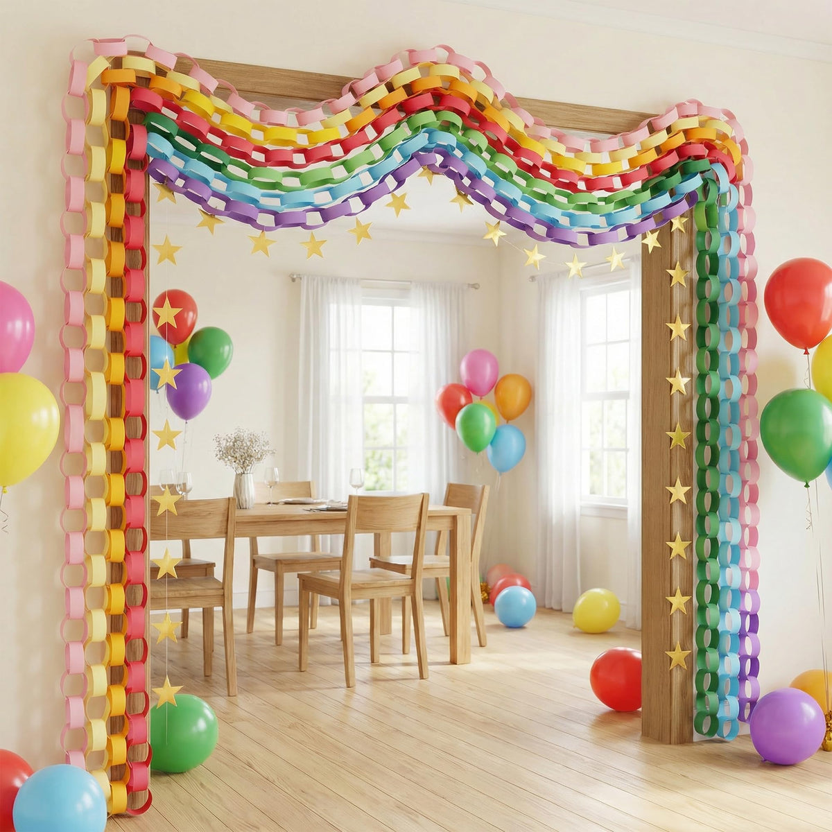 LFUTARI wedding backdrop using rainbow chains and gold stars for a romantic vibe
