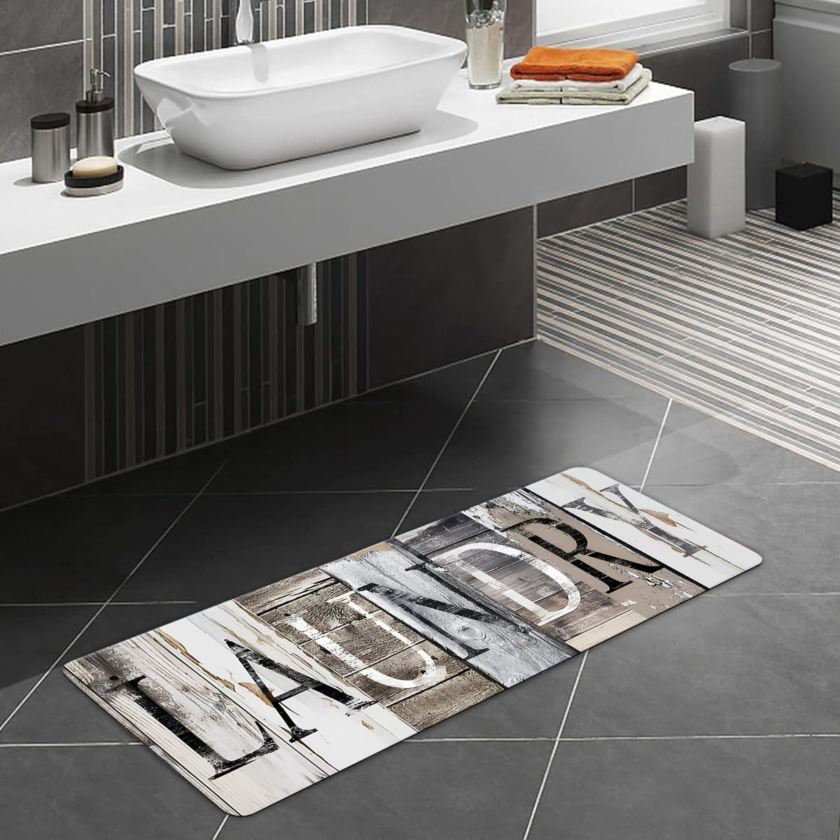 LHAIFA farmhouse brown decor complements towels and laundry room accessories.