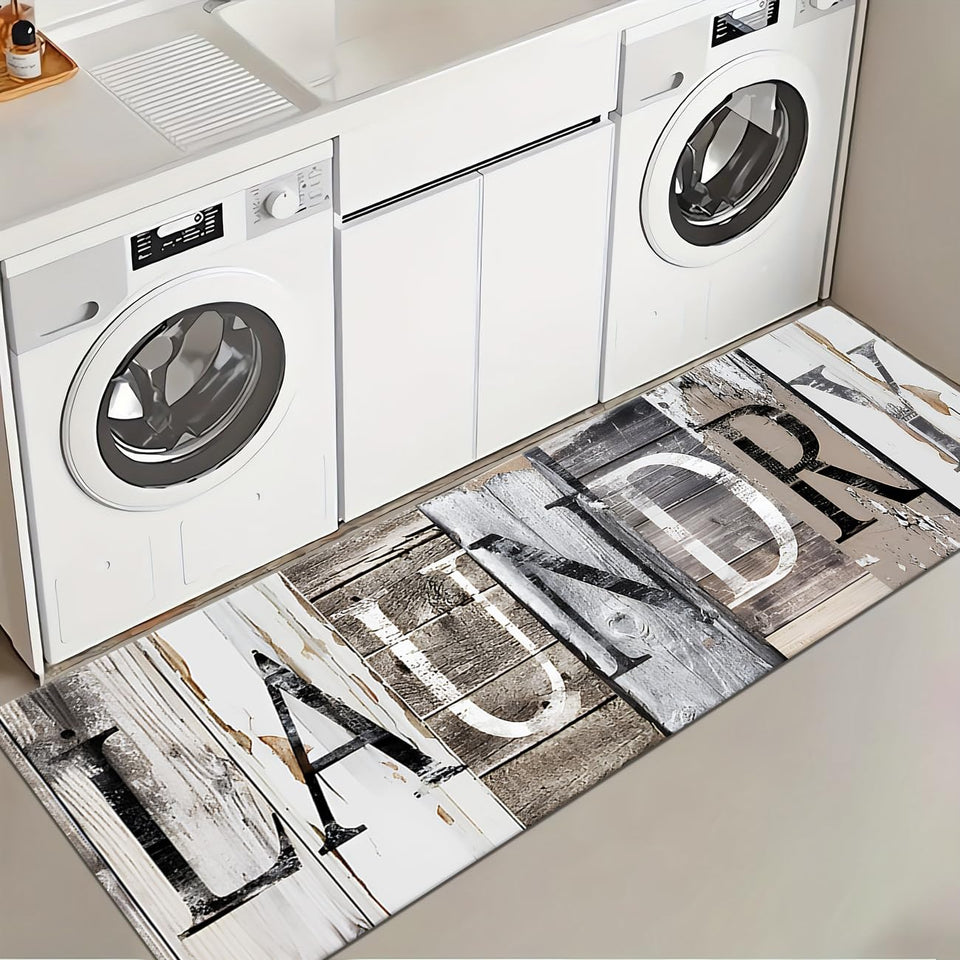 LHAIFA laundry rug 20x59 covering washer and dryer area, helps protect floors while you sort laundry.