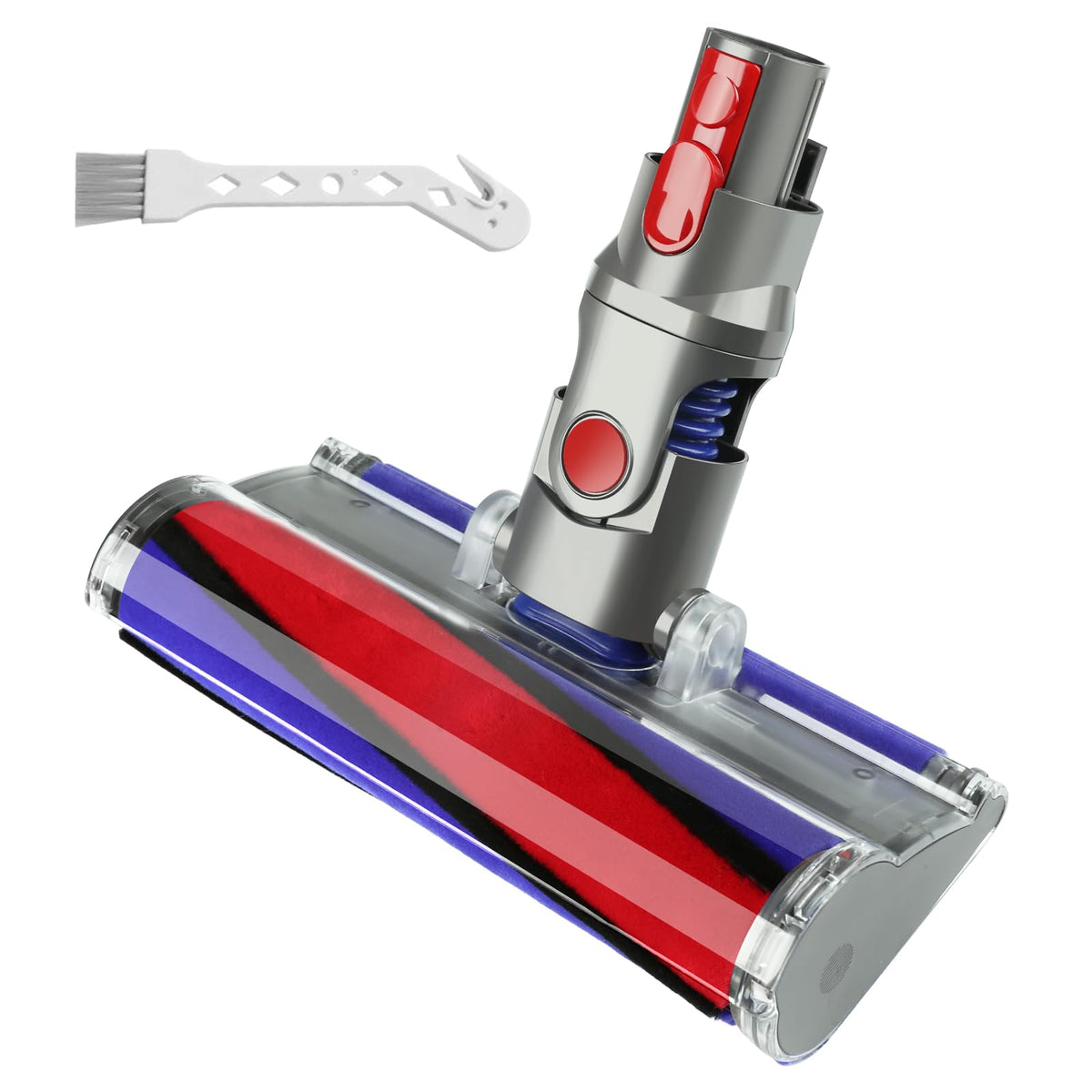 LhhTing Dyson soft roller head front view showing wide, gentle contact on hardwood floors.