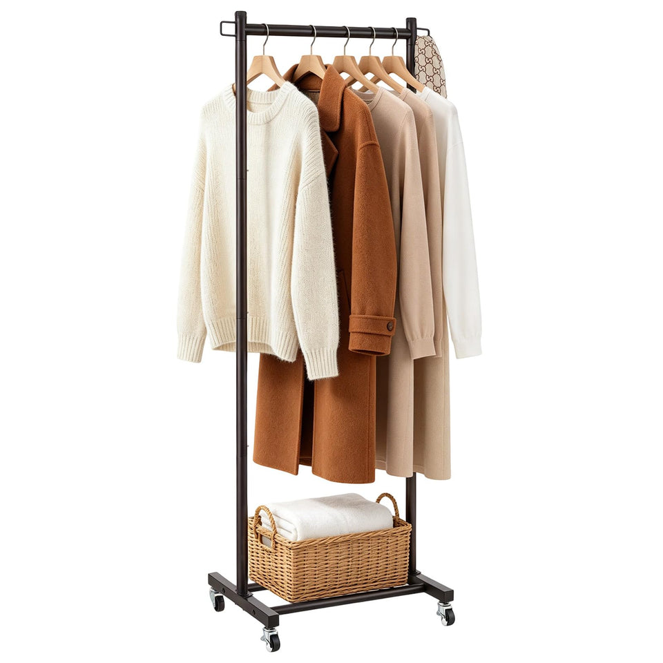 LiaMeE 63-inch tall clothes rack with wheels, ideal for hanging long dresses and coats.