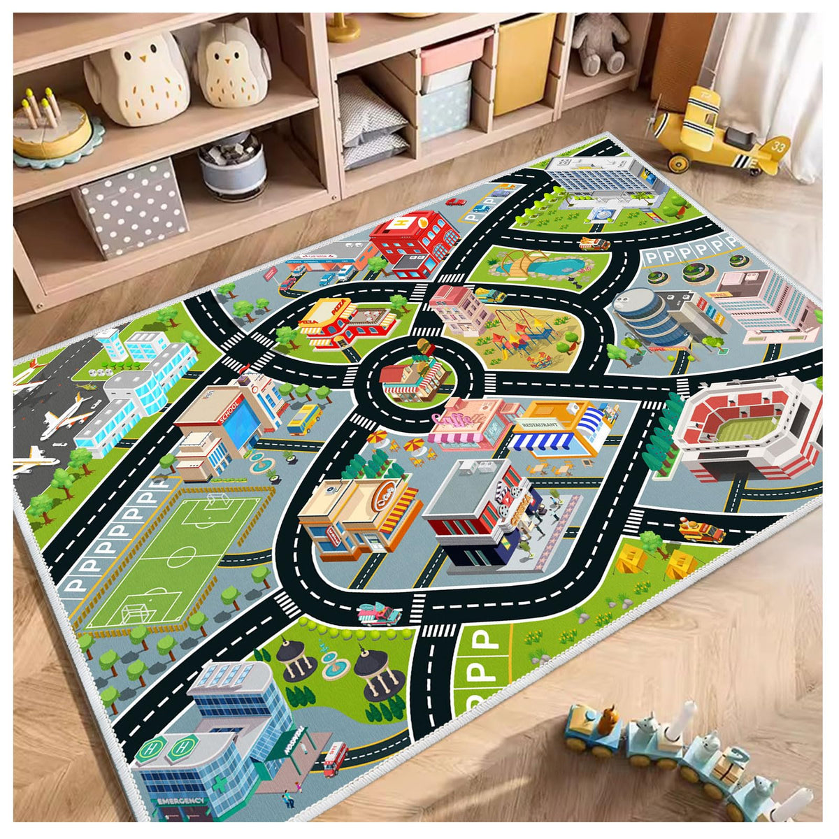 Liazy esuoh kids car rug front view highlights a vibrant city map for imaginative play.