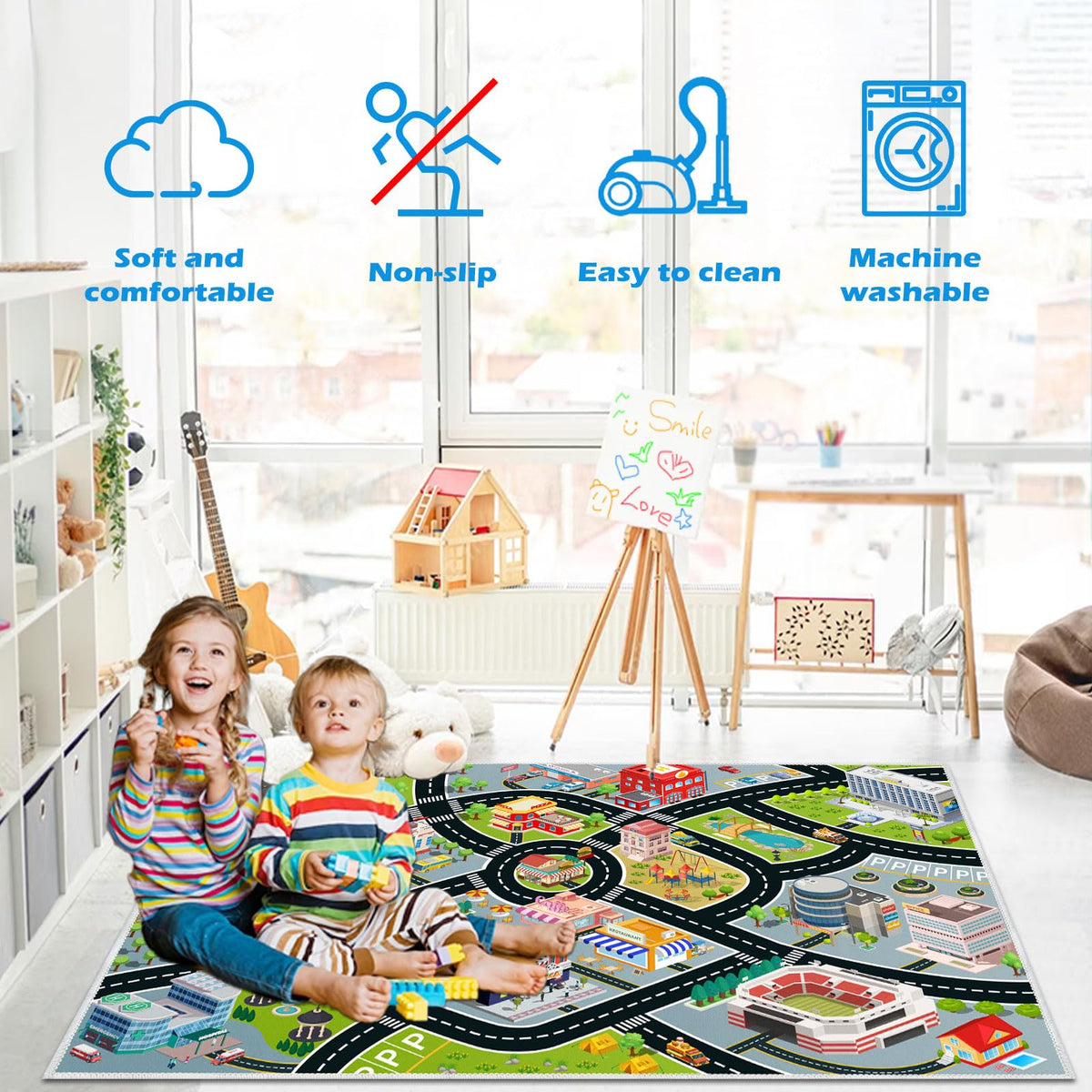 Liazy esuoh kids car rug non-slip backing keeps play safe and steady.