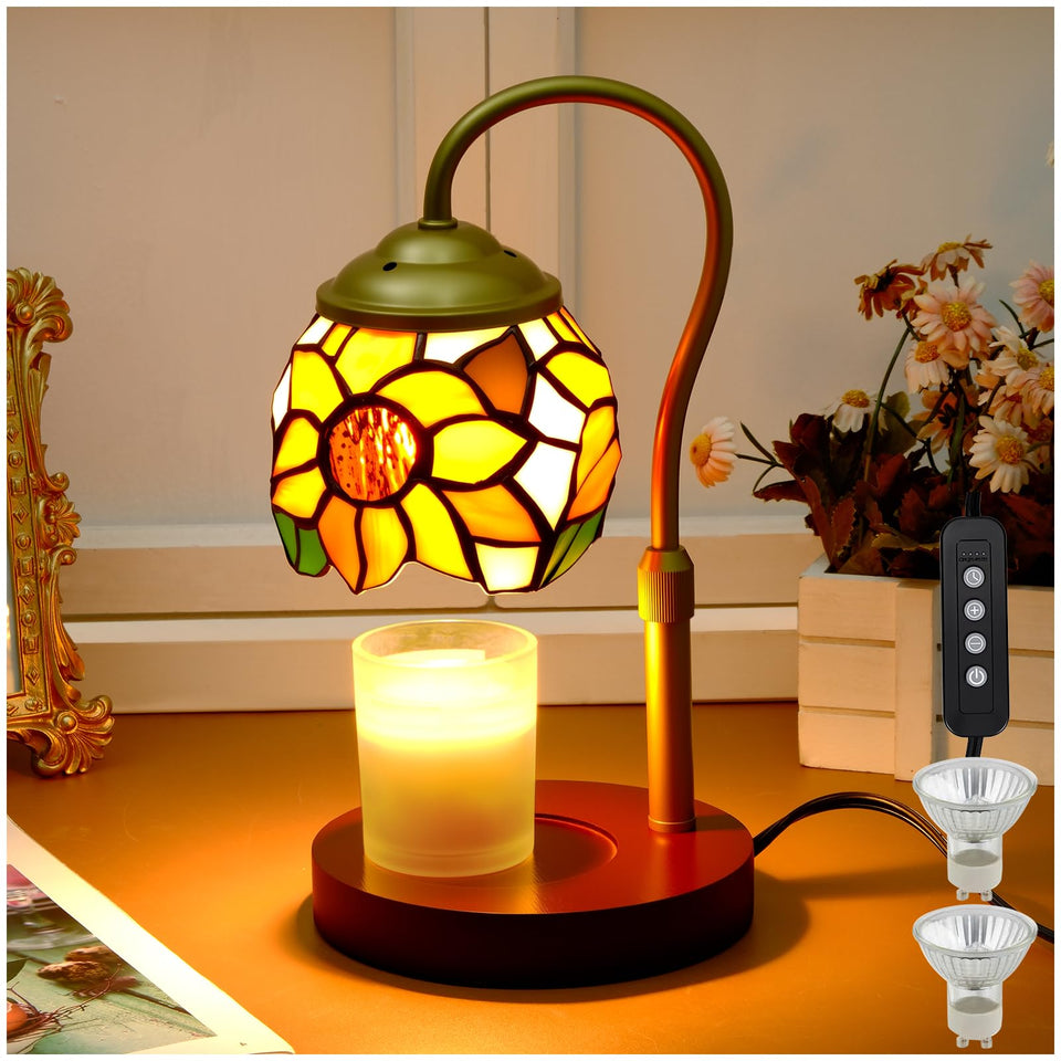 LIBOZMKO Sunflower Tiffany-style candle warmer with stained glass for safe fragrance release