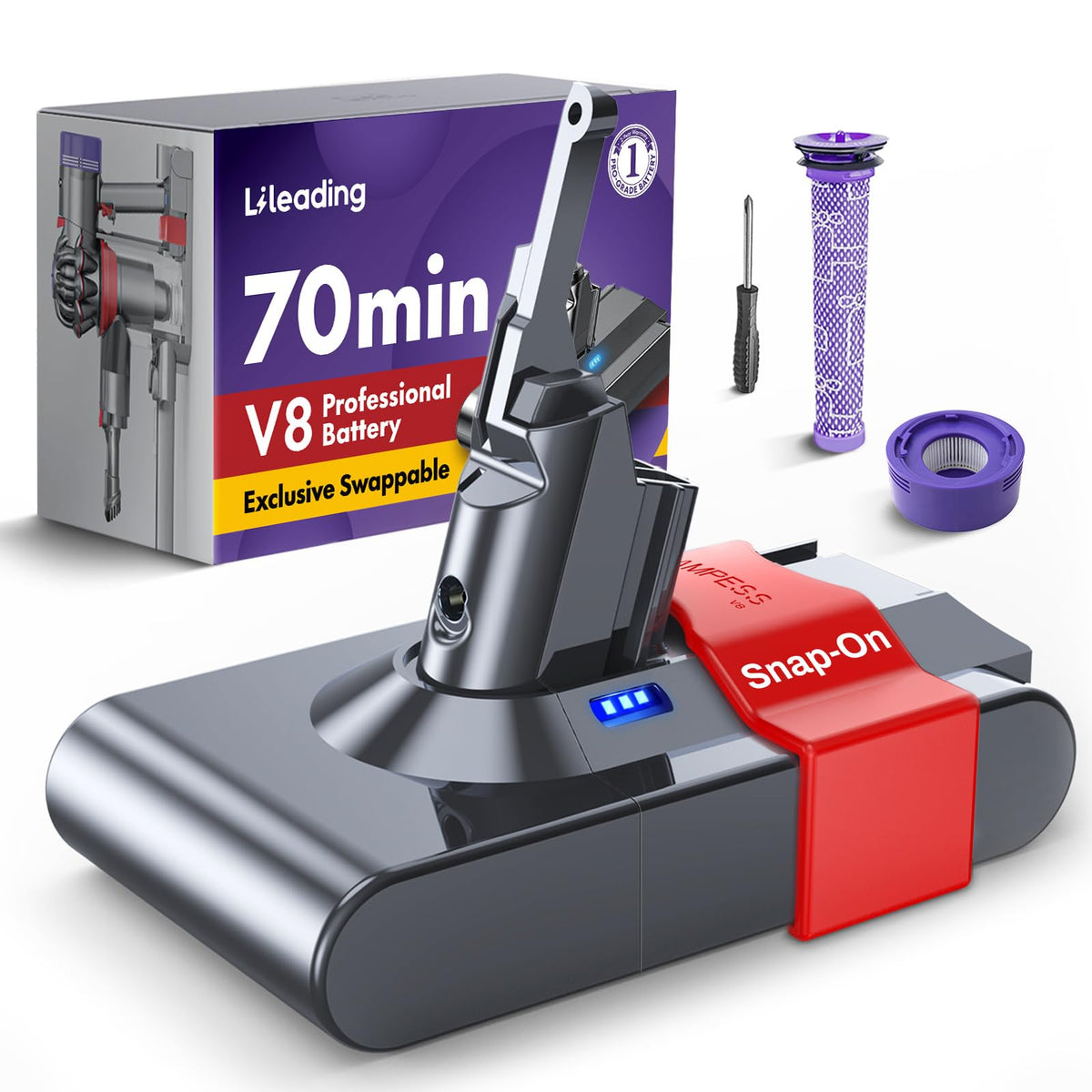 LiLeading V8 battery swappable in one-second swap; no tools required for quick Dyson V8 replacement