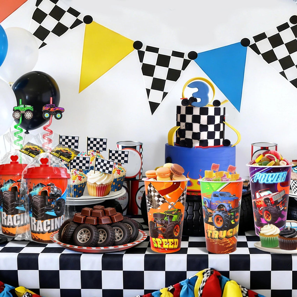 Lidmada monster truck cups 16 oz, lightweight and durable for kids' celebrations.